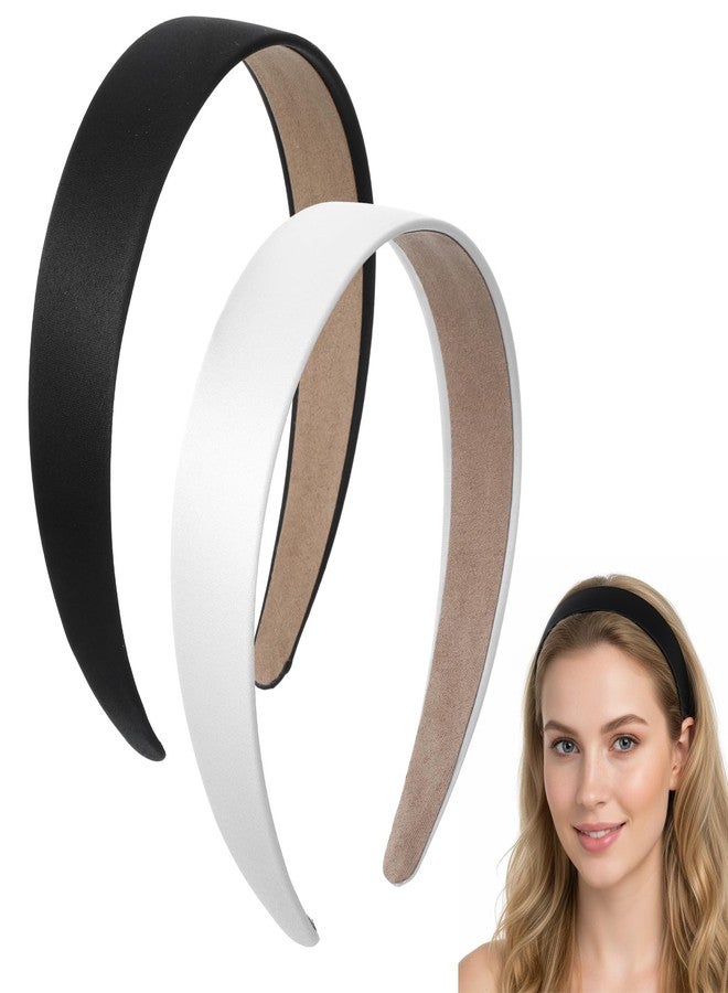 DOPENSPI 2 Pcs Satin Headbands for Women, 1.18 Inch Wide Non Slip Hair Bands Solid White Black Fashion headband Cute Hair Accessories for Christmas Daily Wear Party - Image 1